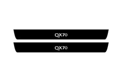 Catalog illustration of two black front door sill plates with QX70 lettering.