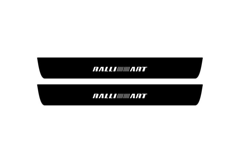 Mitsubishi Lancer X 2007+ matte black coated stainless steel illuminated door sill protectors with Ralliart logo