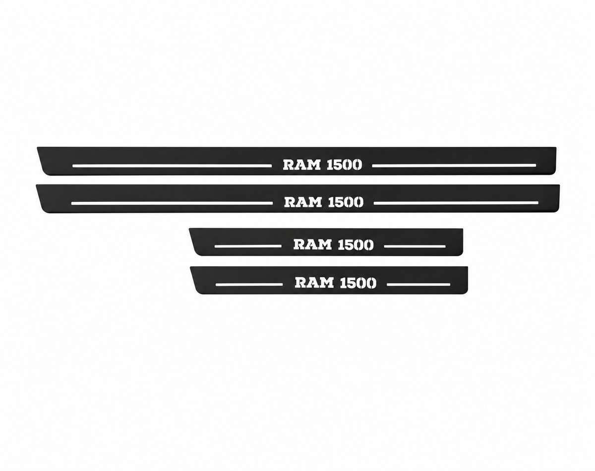 Ram 1500 DS RAM 1500 Type 2 Matte PRO LED door sills, four-piece catalogue illustration, matte black with white illumination