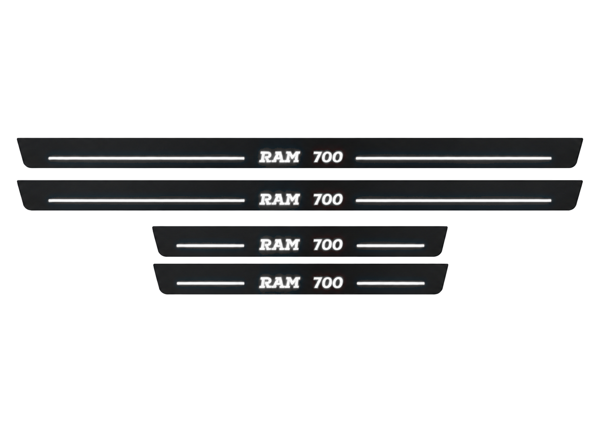 Matte PRO catalogue illustration showing two FRONT and two REAR plates with illuminated RAM 700 lettering on a white background; Ram 1500 DS dimensions are selected during manufacture.