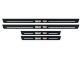 Matte PRO catalogue illustration showing two FRONT and two REAR plates with illuminated RAM 700 lettering on a white background; Ram 1500 DS dimensions are selected during manufacture.