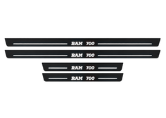 Matte PRO catalogue illustration showing two FRONT and two REAR plates with illuminated RAM 700 lettering on a white background; Ram 1500 DS dimensions are selected during manufacture.