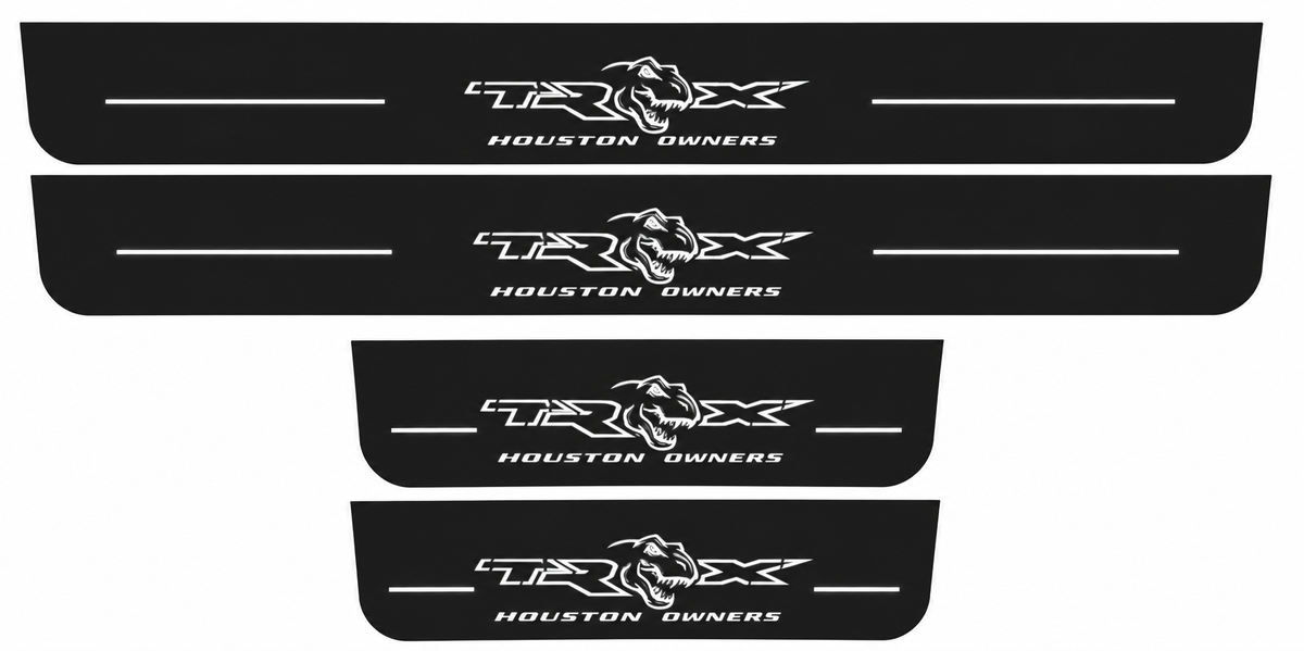 Catalogue illustration showing 4 black Matte PRO LED door sill plates with white Houston Owners TRX lettering for RAM 1500 DT; dimensions are selected during manufacture.
