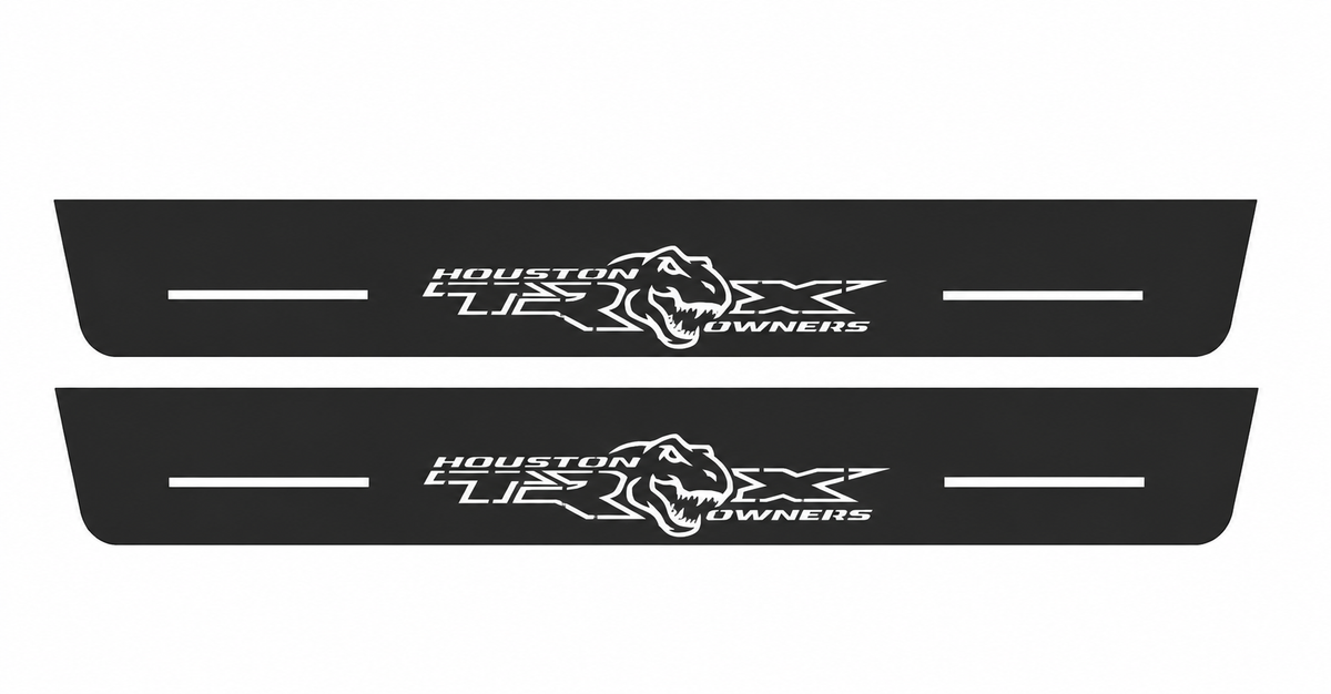 Ram 1500 DT Illuminated Houston Owners TRX Matte PRO LED door sills, FRONT two-piece catalogue illustration, matte black with white illumination