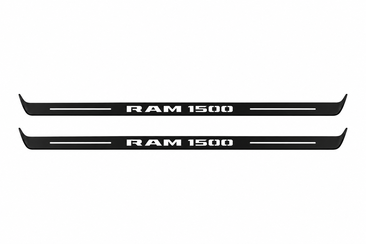Ram 1500 DT RAM 1500 Matte PRO LED door sills, FRONT two-piece catalogue illustration, matte black with white illumination