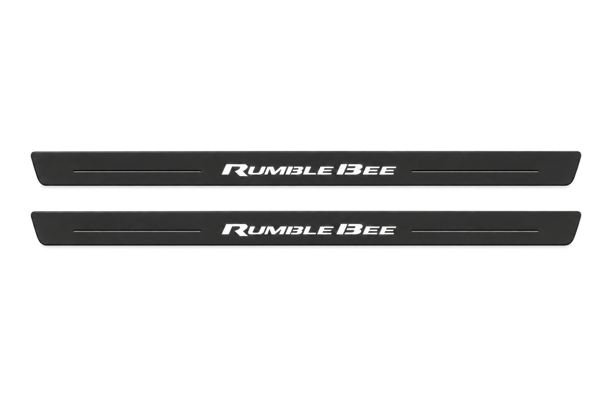 Matte PRO catalogue illustration showing two FRONT plates with illuminated Rumble Bee lettering on a white background; Ram 1500 DT dimensions are selected during manufacture; rear plates are not pictured.
