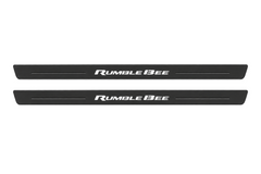 Matte PRO catalogue illustration showing two FRONT plates with illuminated Rumble Bee lettering on a white background; Ram 1500 DT dimensions are selected during manufacture; rear plates are not pictured.
