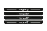 Catalogue illustration of two front and two rear black Matte PRO LED door sill plates with illuminated TRX Dinosaur design for Ram 1500 DT; dimensions are selected during manufacture.