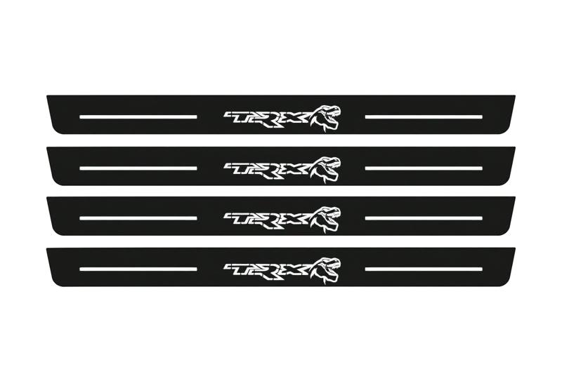 Catalogue illustration of two front and two rear black Matte PRO LED door sill plates with illuminated TRX Dinosaur design for Ram 1500 DT; dimensions are selected during manufacture.