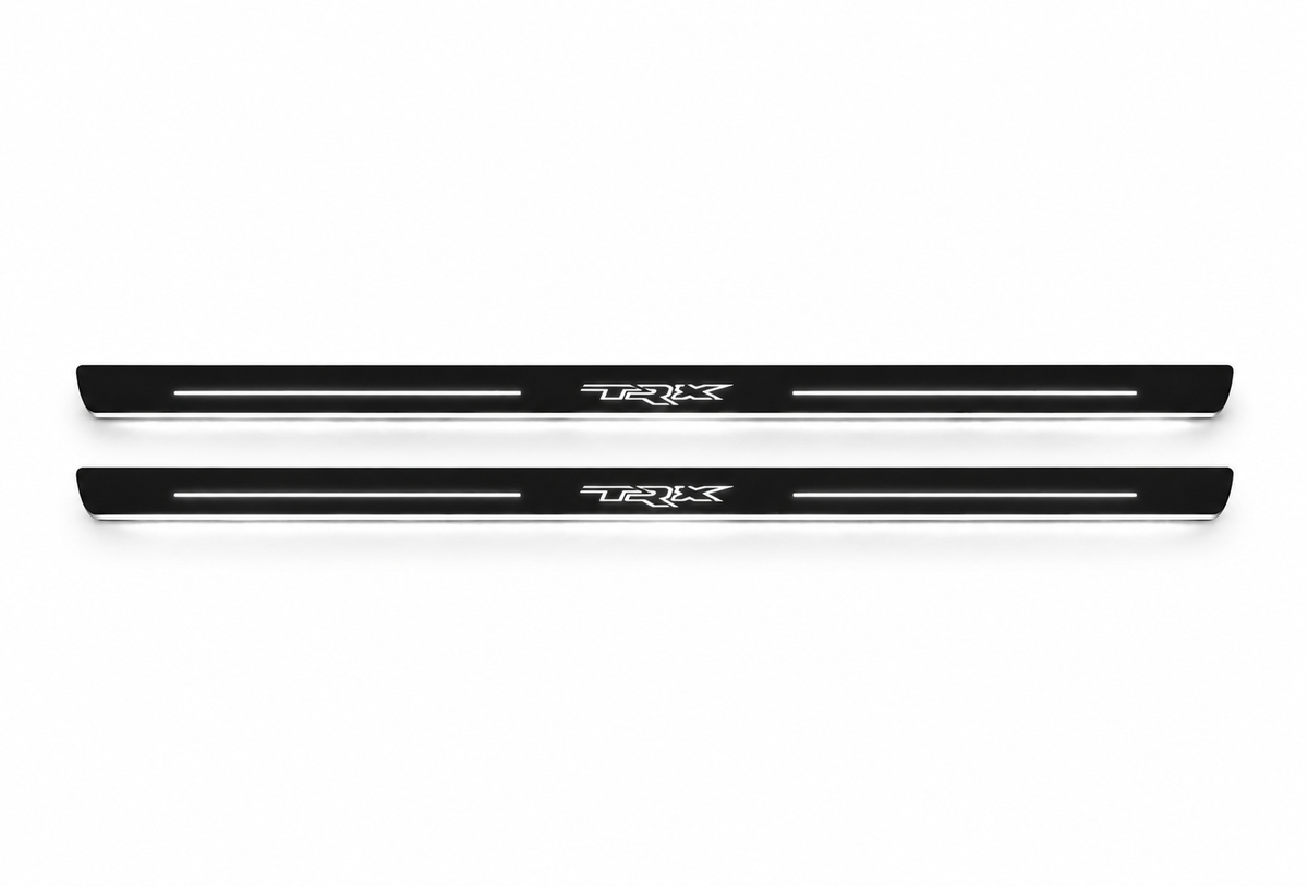 Ram 1500 DT TRX Type 3 Matte PRO LED door sills, FRONT two-piece illustration, matte black with white illumination