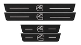 Matte PRO catalogue illustration showing two FRONT and two REAR plates with illuminated CUMMINS lettering on a white background; RAM 2500 V dimensions are selected during manufacture.