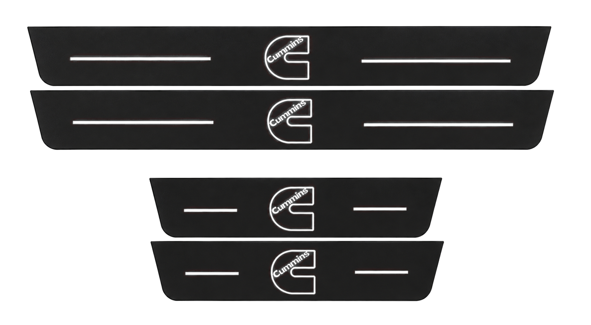 Matte PRO catalogue illustration showing two FRONT and two REAR plates with illuminated CUMMINS lettering on a white background; RAM 2500 V dimensions are selected during manufacture.