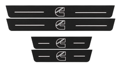 Matte PRO catalogue illustration showing two FRONT and two REAR plates with illuminated CUMMINS lettering on a white background; RAM 2500 V dimensions are selected during manufacture.
