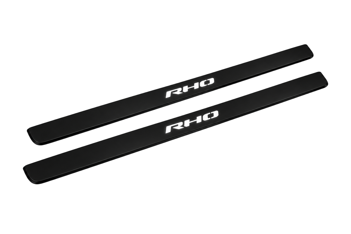 Matte PRO catalogue illustration showing two FRONT plates with illuminated RHO lettering on a white background; RAM 2500 V dimensions are selected during manufacture; rear plates are not pictured.