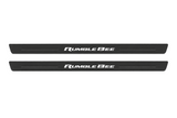 Matte PRO catalogue illustration showing two FRONT plates with illuminated Rumble Bee lettering on a white background; RAM 2500 V dimensions are selected during manufacture; rear plates are not pictured.