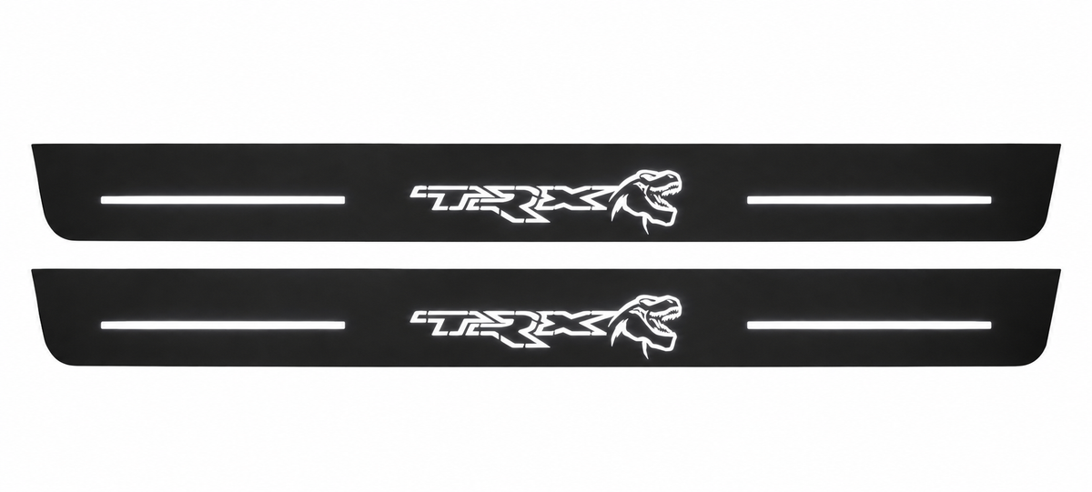 RAM 2500 V TRX Matte PRO LED door sills, FRONT two-piece catalogue illustration, matte black with white illumination