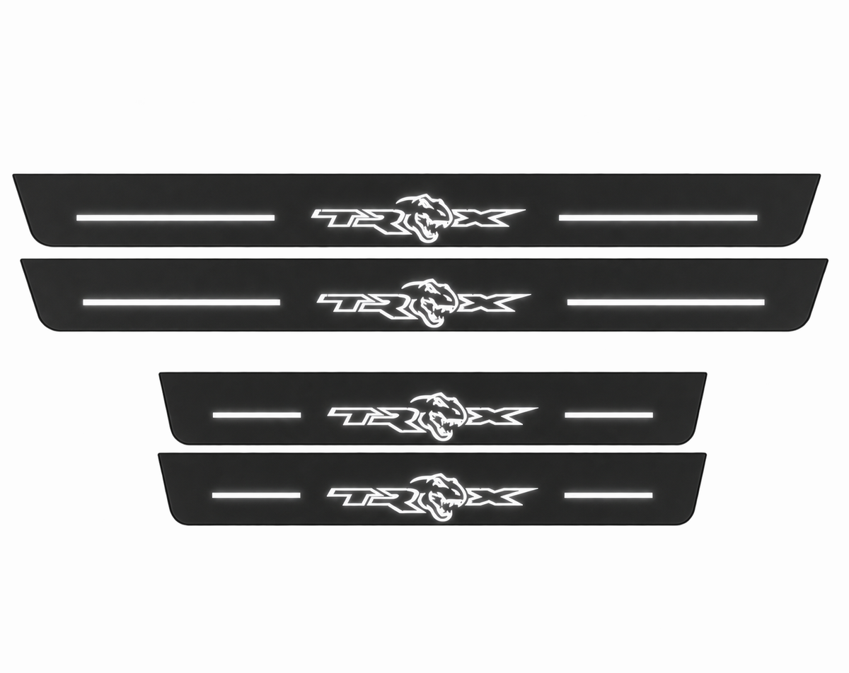 RAM 2500 V TRX Type 1 Matte PRO LED door sills, four-piece catalogue illustration, matte black with white illumination
