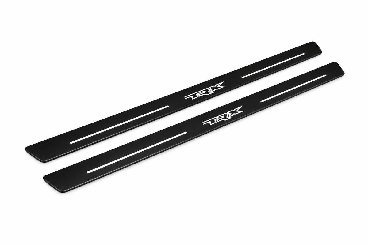 RAM 2500 V TRX Type 3 Matte PRO LED door sills, FRONT two-piece catalogue illustration, matte black with white illumination