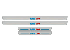Catalog illustration of four gray door sill plates with blue RAM and red 700 lettering with blue horizontal lines on a white background.