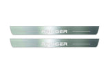 Two long silver-finished door sill plates with Ranger in angular lettering lettering on a light background, straight-on view.