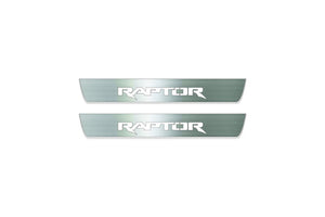 Ford Ranger IV 2018+ LED door sill plates in stainless steel with Raptor logo