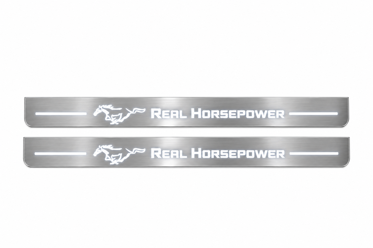 Real Horsepower and running pony, white LED design preview, brushed stainless steel