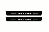 Catalogue illustration of two front black Matte PRO LED door sill plates with illuminated Arkana lettering for Renault Arkana; dimensions are selected during manufacture.