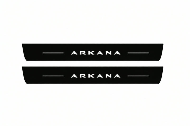 Catalogue illustration of two front black Matte PRO LED door sill plates with illuminated Arkana lettering for Renault Arkana; dimensions are selected during manufacture.