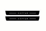 Catalogue illustration of two front black Matte PRO LED door sill plates with illuminated Captur lettering for Renault Captur I J87; dimensions are selected during manufacture.