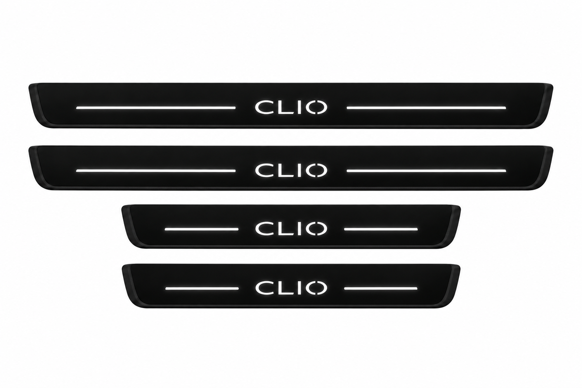 Catalogue illustration of two long front and two shorter rear black Matte PRO plates with illuminated CLIO lettering and horizontal top lines; side edges are unlit. FRONT option contains only front pair; final Clio IV dimensions are vehicle-specific.