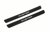 Catalogue illustration of two front black Matte PRO LED door sill plates with illuminated Duster lettering for Renault Duster P1310; dimensions are selected during manufacture.