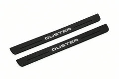 Catalogue illustration of two front black Matte PRO LED door sill plates with illuminated Duster lettering for Renault Duster P1310; dimensions are selected during manufacture.