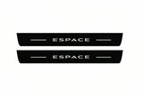 Catalogue illustration of two front black Matte PRO LED door sill plates with illuminated Espace lettering for Renault Espace MPV JFC; dimensions are selected during manufacture.