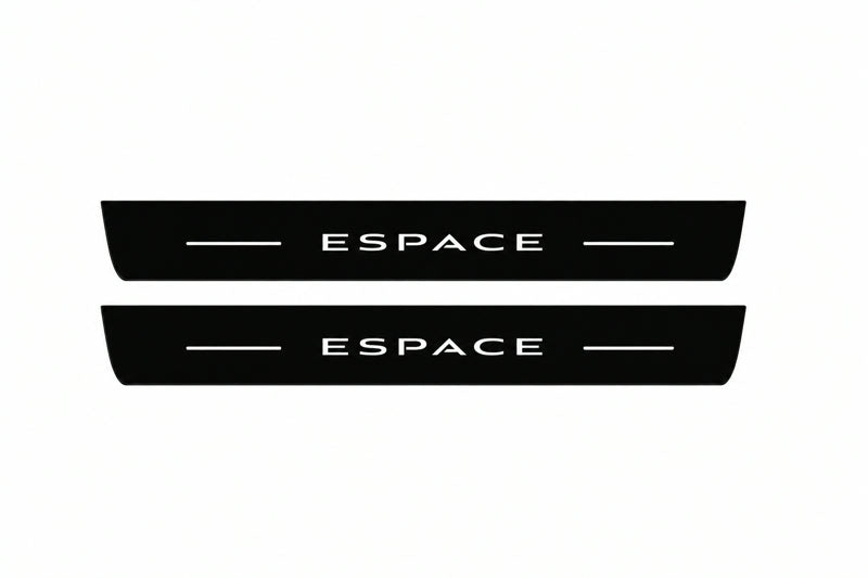 Catalogue illustration of two front black Matte PRO LED door sill plates with illuminated Espace lettering for Renault Espace MPV JFC; dimensions are selected during manufacture.