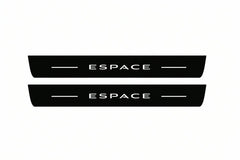 Catalogue illustration of two front black Matte PRO LED door sill plates with illuminated Espace lettering for Renault Espace MPV JFC; dimensions are selected during manufacture.