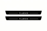 Catalogue illustration of two front black Matte PRO LED door sill plates with illuminated Fluence lettering for Renault Fluence; dimensions are selected during manufacture.