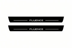 Catalogue illustration of two front black Matte PRO LED door sill plates with illuminated Fluence lettering for Renault Fluence; dimensions are selected during manufacture.