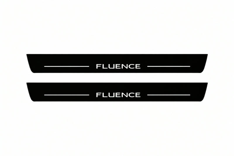 Catalogue illustration of two front black Matte PRO LED door sill plates with illuminated Fluence lettering for Renault Fluence; dimensions are selected during manufacture.