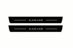 Catalogue illustration of two front black Matte PRO LED door sill plates with illuminated Kadjar lettering for Renault Kadjar; dimensions are selected during manufacture.