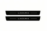 Catalogue illustration of two front black Matte PRO LED door sill plates with illuminated Laguna lettering for Renault Laguna Estate K91; dimensions are selected during manufacture.