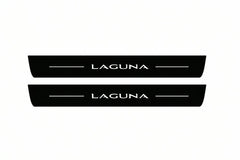 Catalogue illustration of two front black Matte PRO LED door sill plates with illuminated Laguna lettering for Renault Laguna Estate K91; dimensions are selected during manufacture.