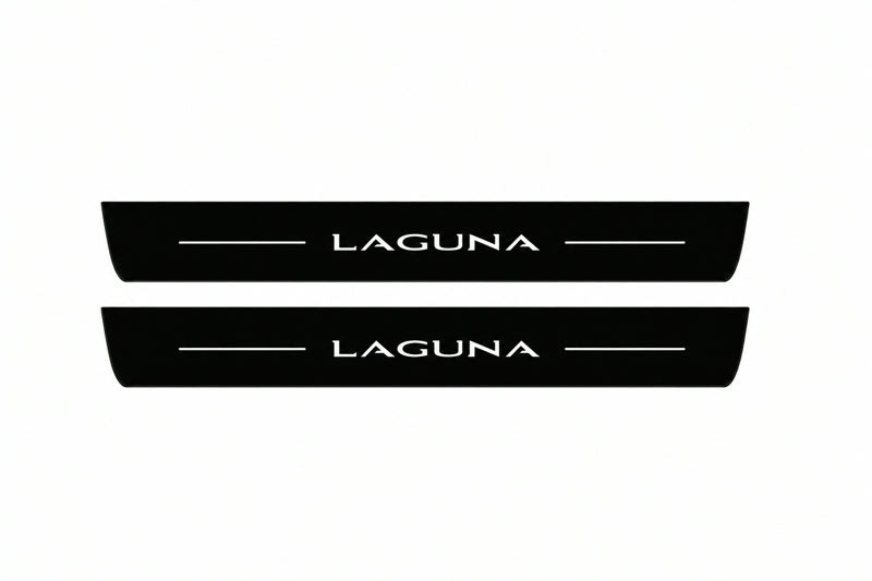 Catalogue illustration of two front black Matte PRO LED door sill plates with illuminated Laguna lettering for Renault Laguna Estate K91; dimensions are selected during manufacture.