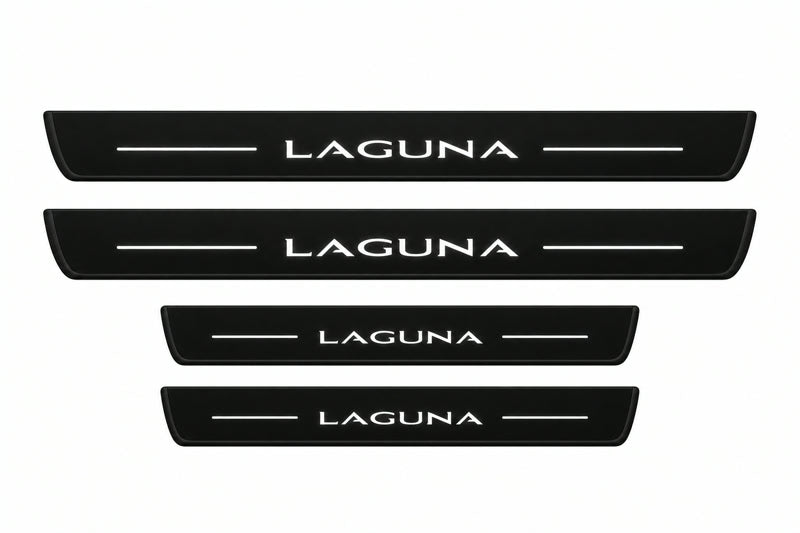 Catalog illustration of two front and two rear black Matte PRO LED door sill plates with illuminated Laguna lettering for Renault Laguna III.