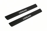 Catalogue illustration of two front black Matte PRO LED door sill plates with illuminated Logan lettering for Renault Logan I; dimensions are selected during manufacture.
