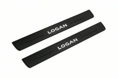 Catalogue illustration of two front black Matte PRO LED door sill plates with illuminated Logan lettering for Renault Logan I; dimensions are selected during manufacture.