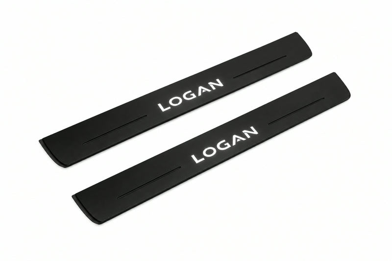 Catalogue illustration of two front black Matte PRO LED door sill plates with illuminated Logan lettering for Renault Logan II L8; dimensions are selected during manufacture.