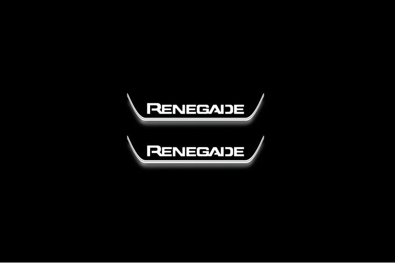 Jeep Renegade 2014+ illuminated entry guards in stainless steel with Renegade logo