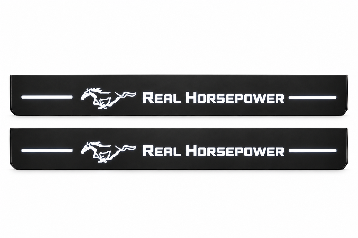 Real Horsepower and Pony Matte PRO black front pair, white LED artwork, unlit physical edges — visualization