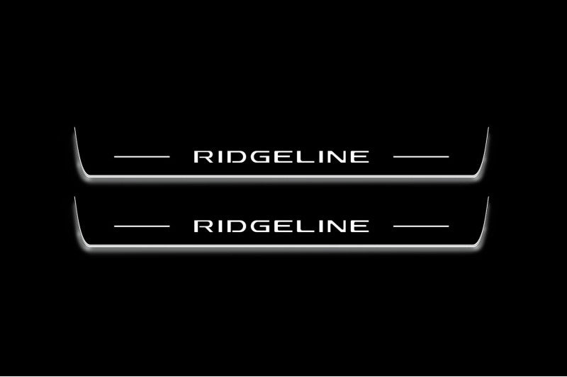 Honda Ridgeline II 2017+ illuminated entry guards in stainless steel with Ridgeline logo