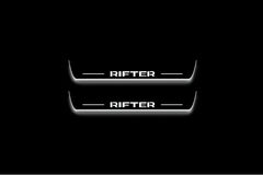 Two short door sill plates with Rifter lettering and edges illuminated in white, straight-on view on a dark background.